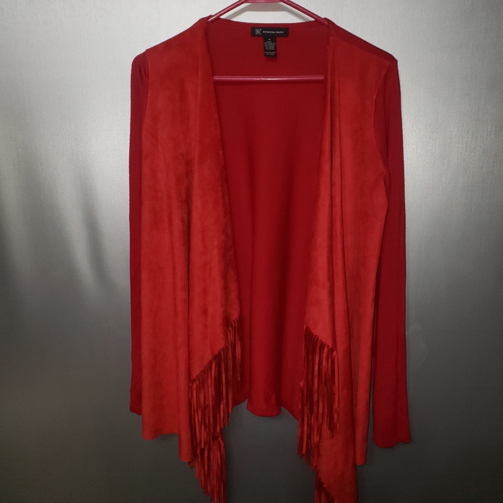 SUPER CUTE TRENDY INC INTERNATIONAL CONCEPTS FAUX SUEDE RED FRINGE CARDIGAN SZ M